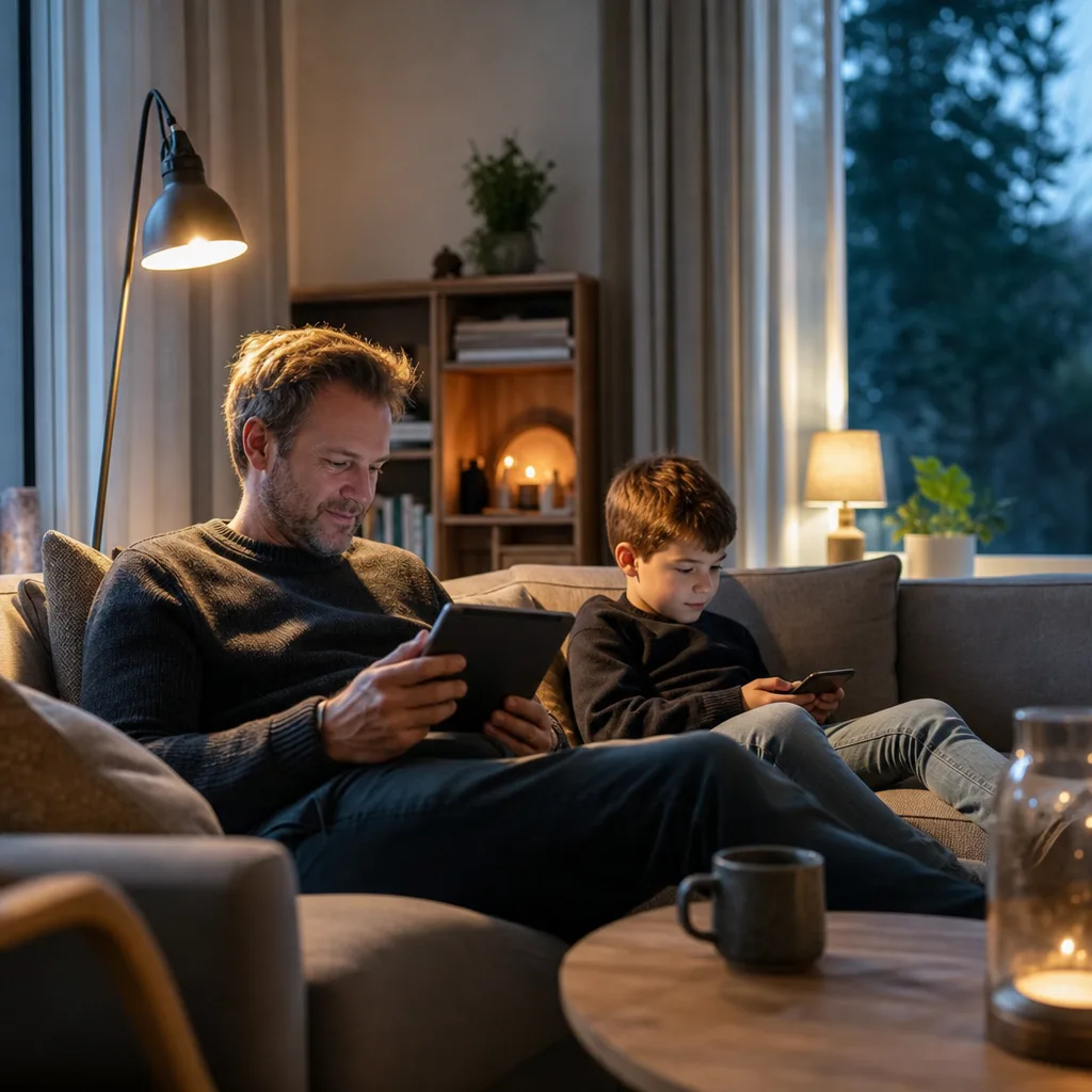 Familj med två föräldrar och två barn i ett soffhörn som tittar på sina mobiltelefoner tillsammans i ett ljust nordiskt vardagsrum