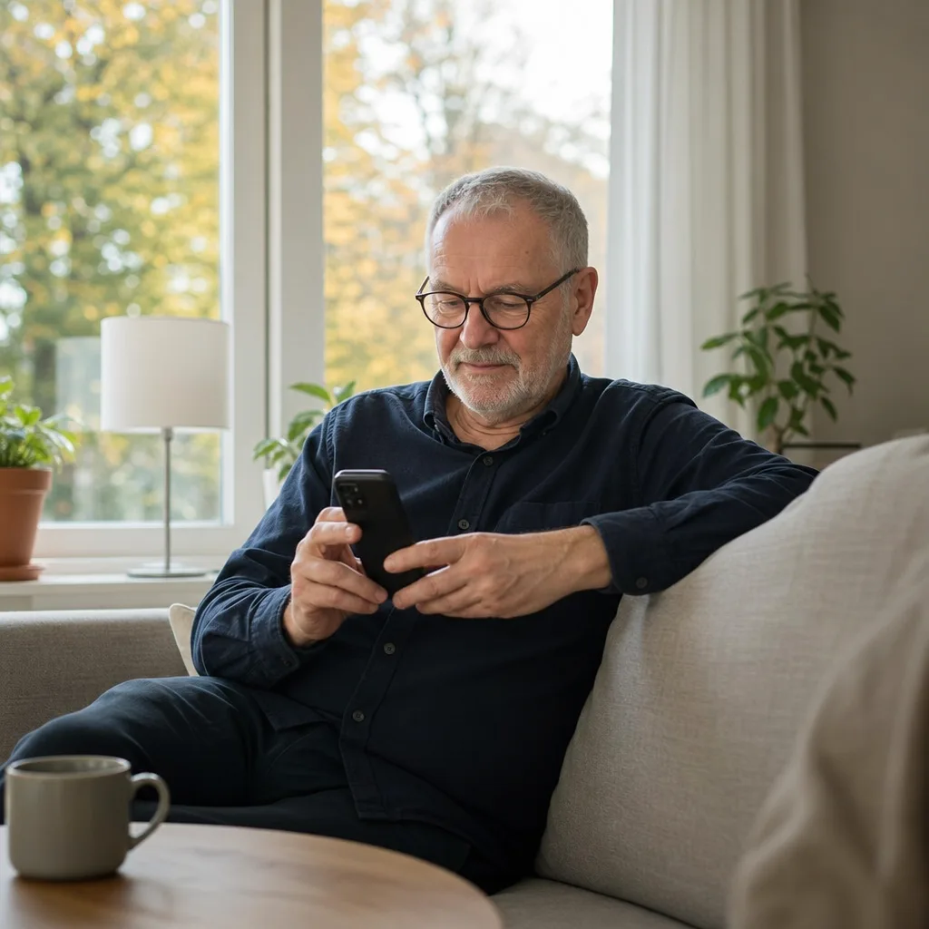 Senior par sitter i soffan och tittar tillsammans på en mobiltelefon