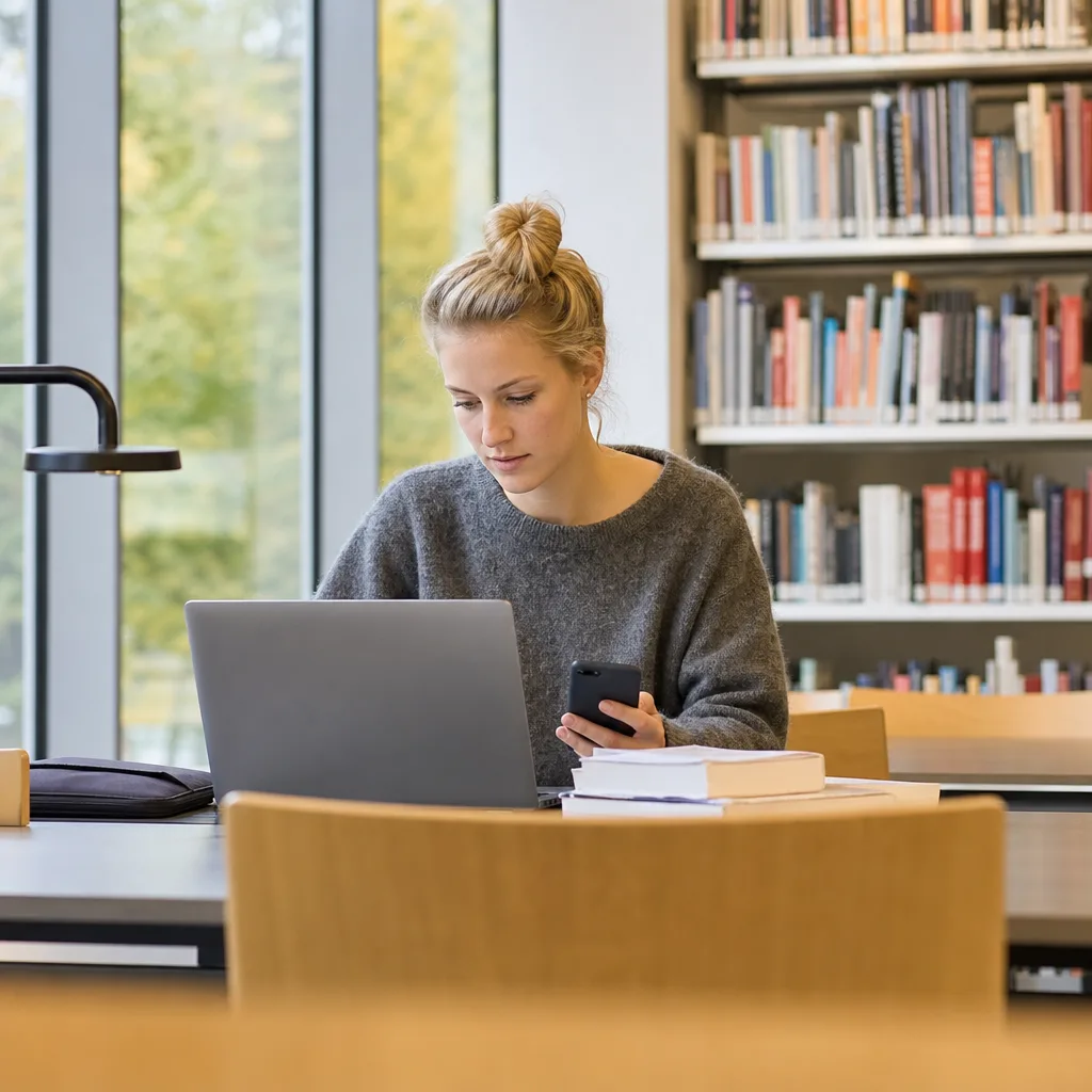 Student sitter på campus med laptop och mobiltelefon och jämför mobilabonnemang
