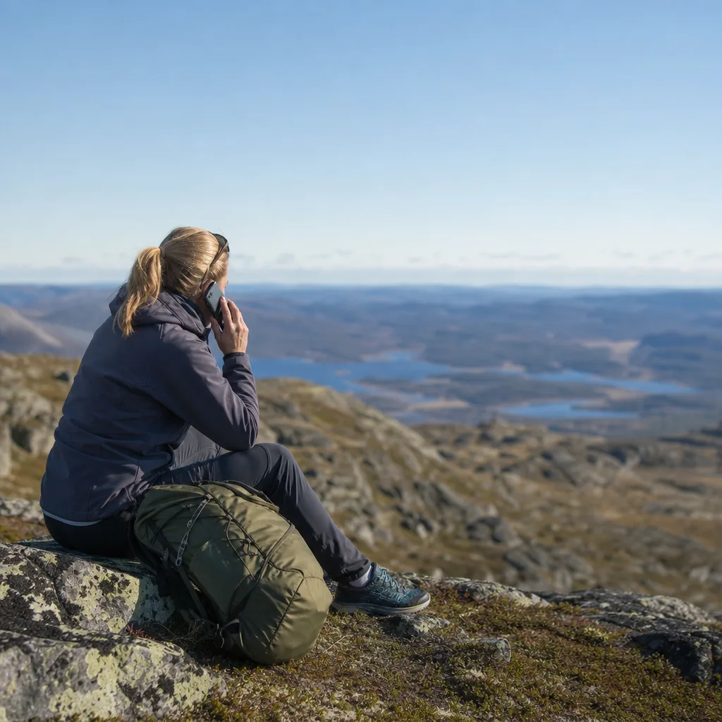 Person som tittar på mobilens täckning vid ett fönster i ett hus på den svenska landsbygden
