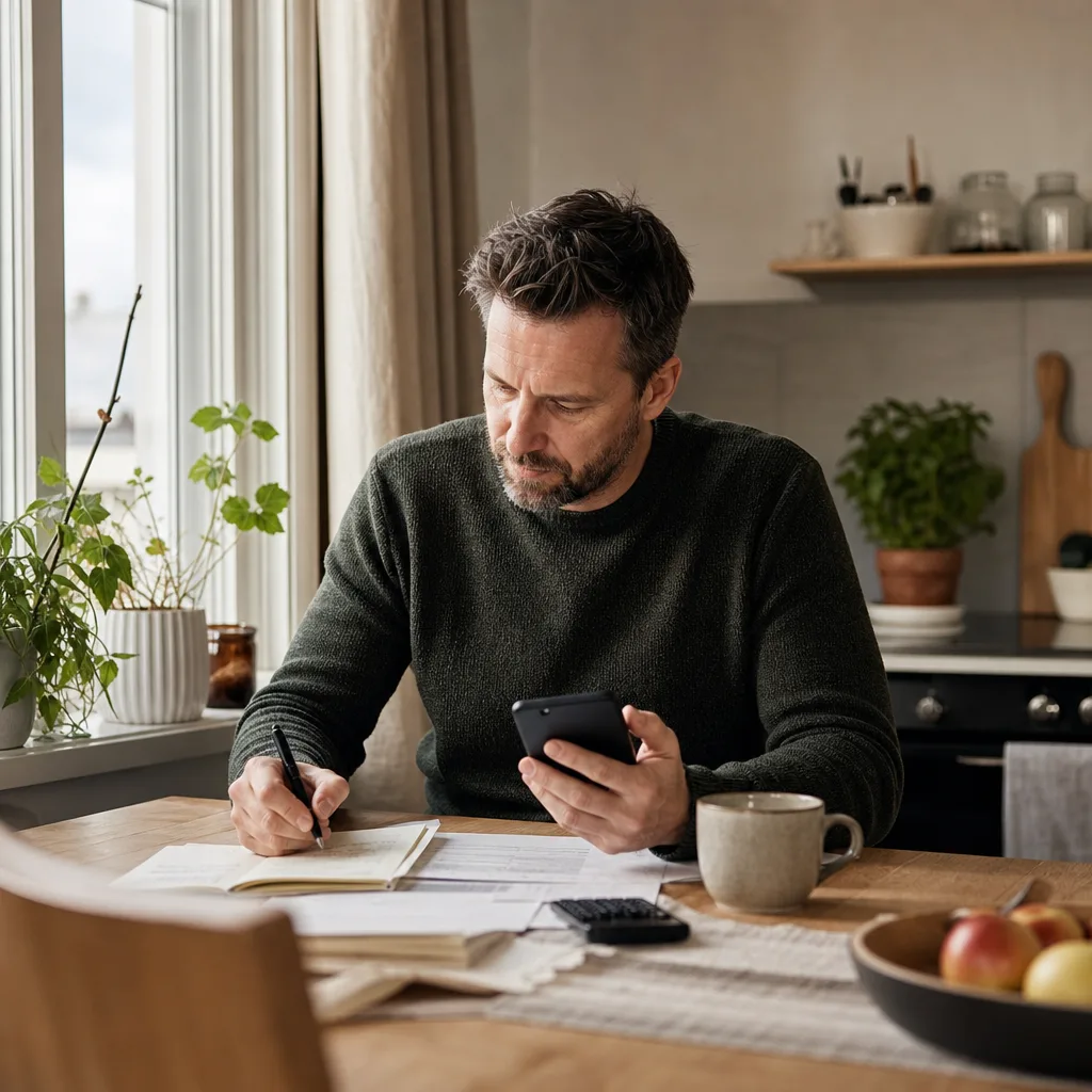 Person som jämför priser på billiga mobilabonnemang i sin telefon med en kaffekopp på bordet i ett ljust nordiskt kök