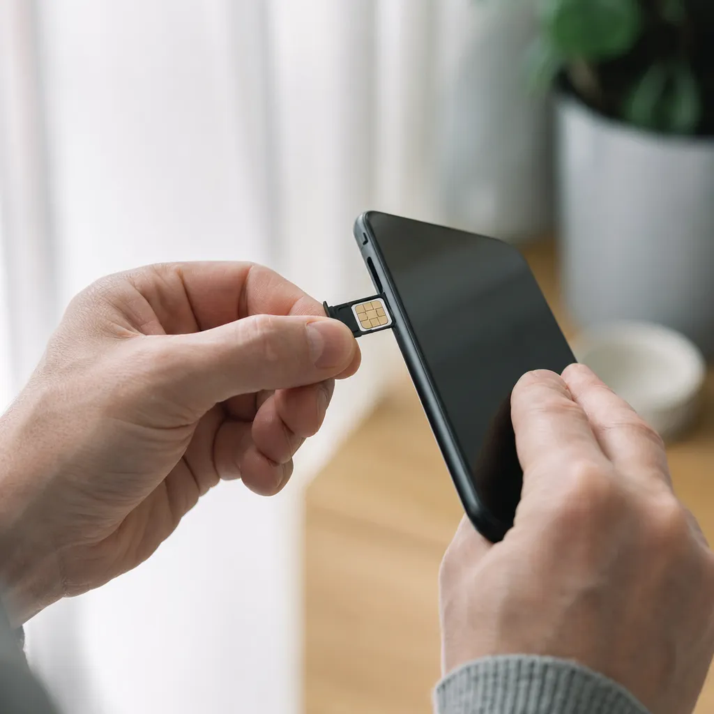 Ett SIM-kort sätts i en mobiltelefon