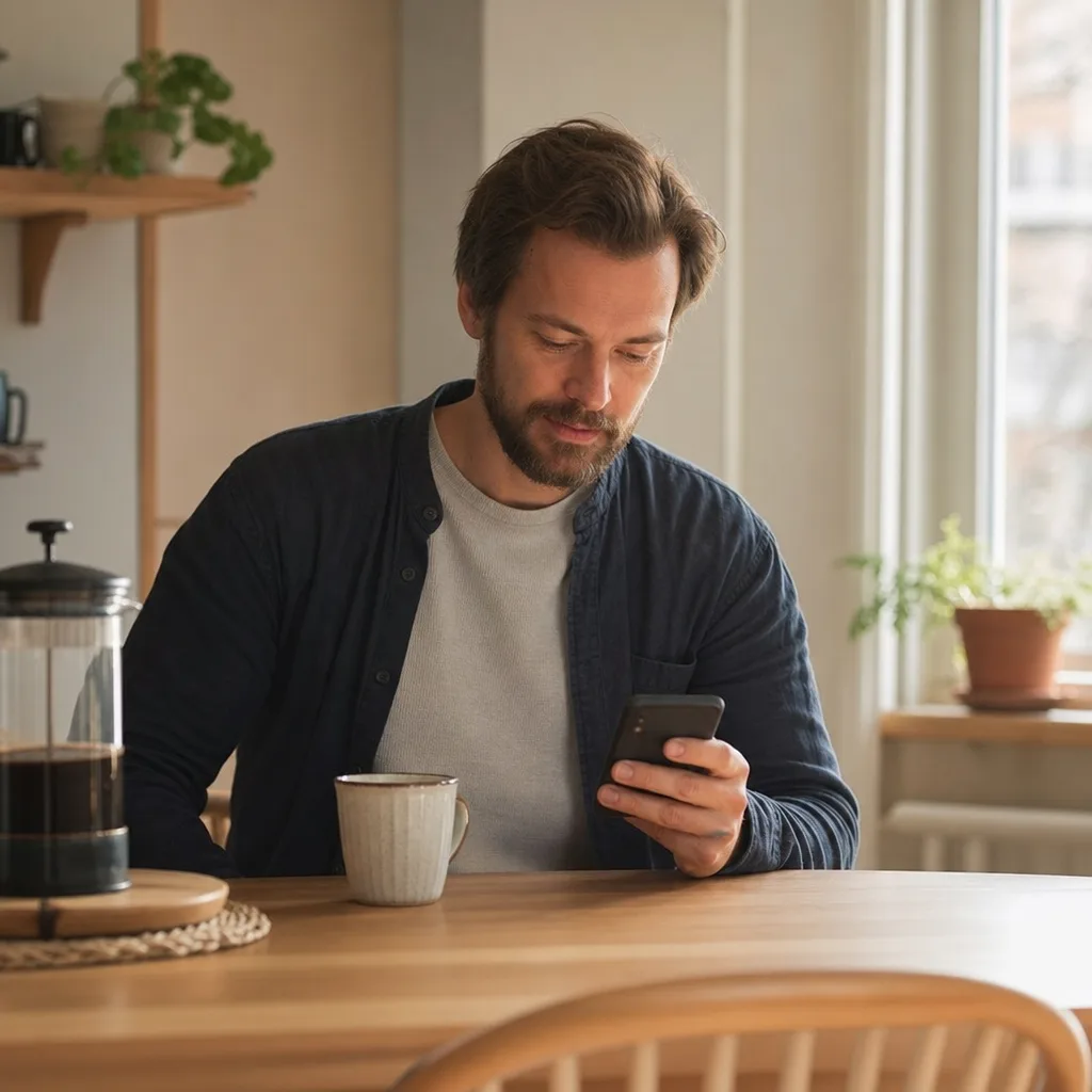 Person använder mobilen utomhus med 5G-täckning i bakgrunden