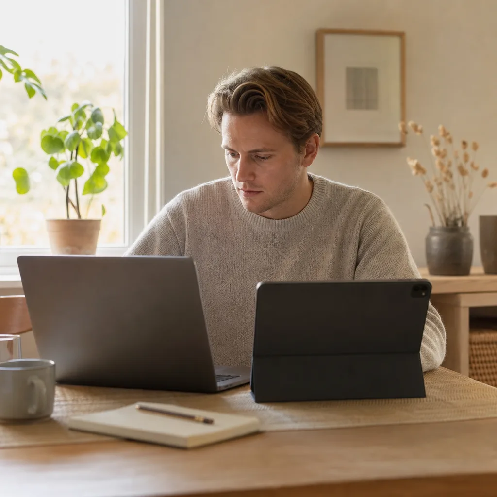 Två personer jämför mobilabonnemang på var sin telefon vid ett köksbord