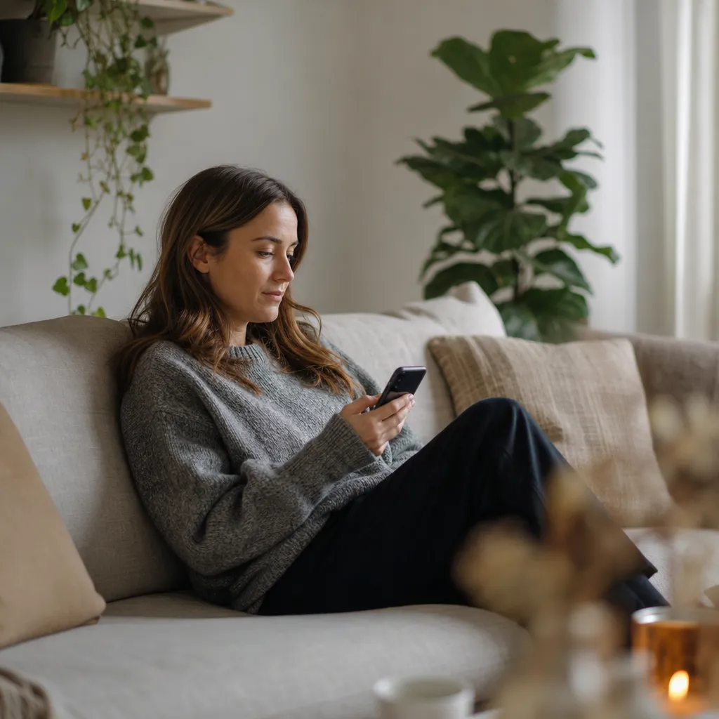 En person läser en guide om mobiloperatörer på mobilen i soffan