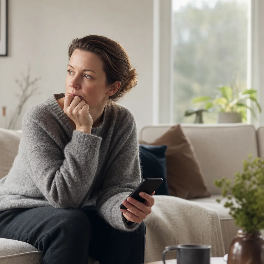 Person jämför två mobilabonnemang på telefonen med en mobilmast i bakgrunden