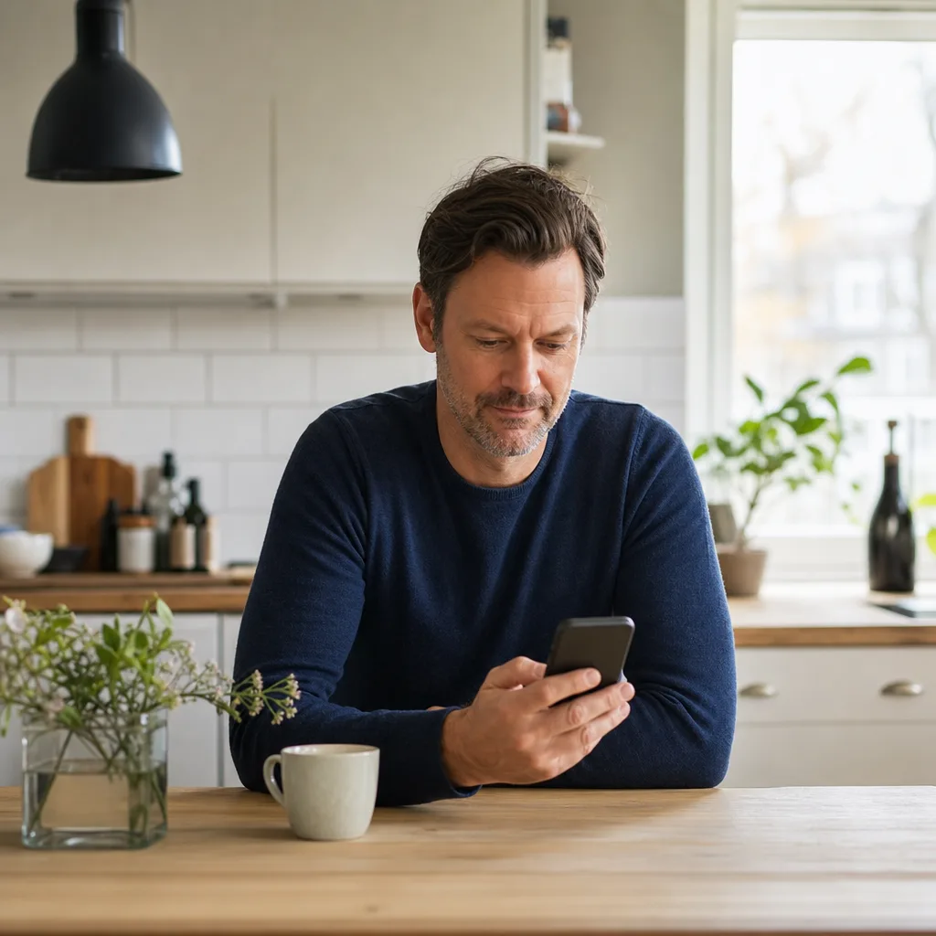 Person jämför två mobilabonnemang på telefonen vid köksbordet