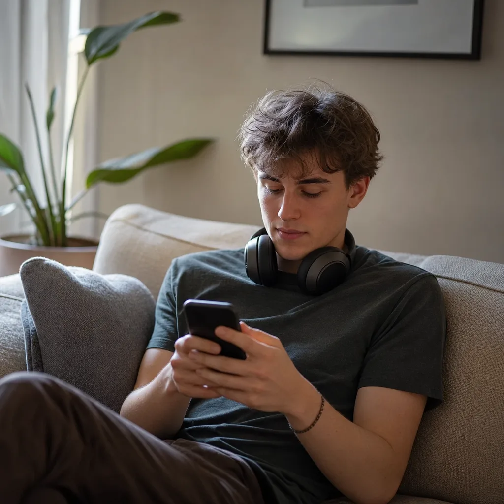 Person använder mobilen i hemmet och ringer via wifi-samtal med fyra streck täckning