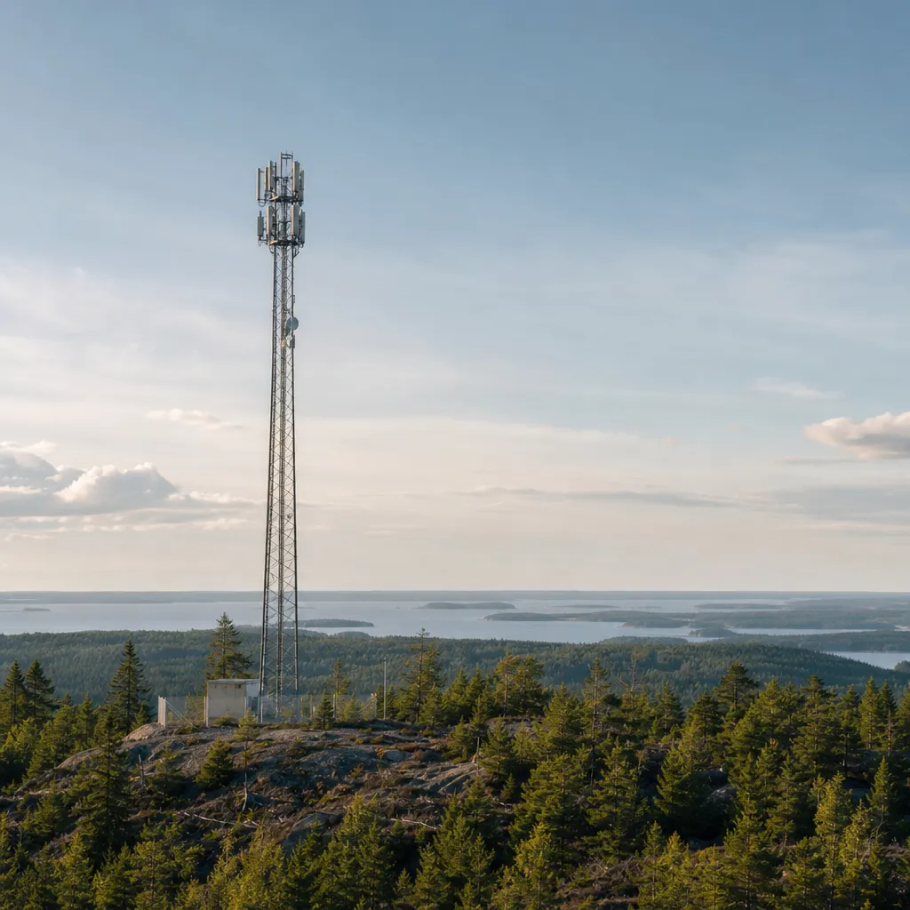 Mobilmast på en höjd över ett nordiskt landskap med skog och fjäll i bakgrunden