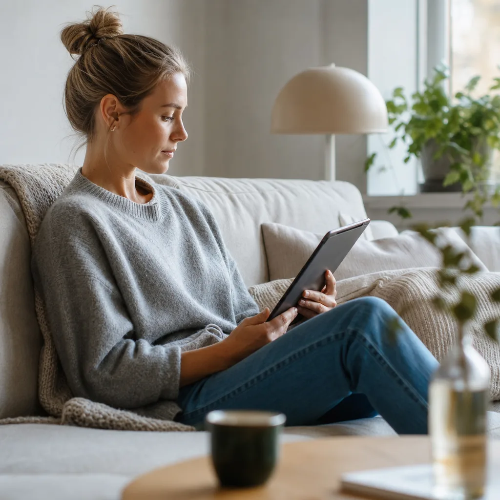 Person jämför mobiloperatörer och läser recensioner på mobilen