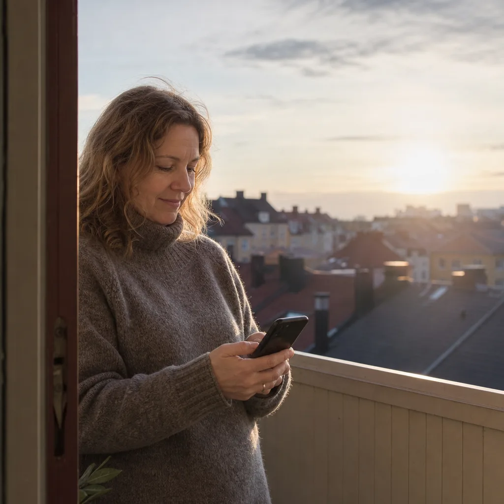 Person använder mobilen med full 4G- och 5G-täckning i ett svenskt stadslandskap