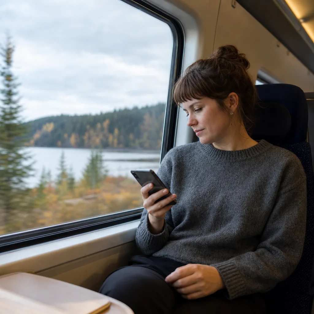 Person använder mobilen med full täckning på en fjälltur i norra Sverige