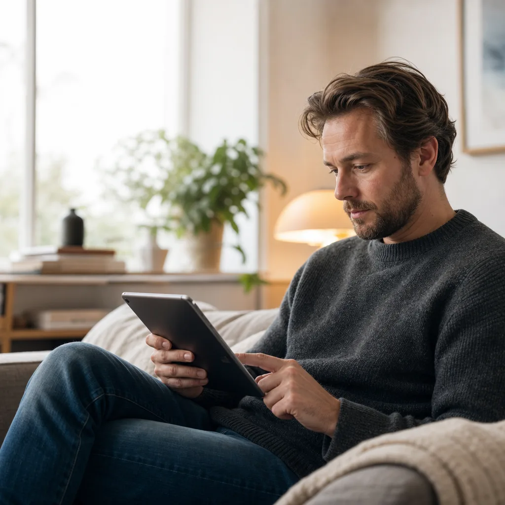Person tittar på täckningskartan i mobilen utomhus, med stad i ena riktningen och öppet landskap i den andra