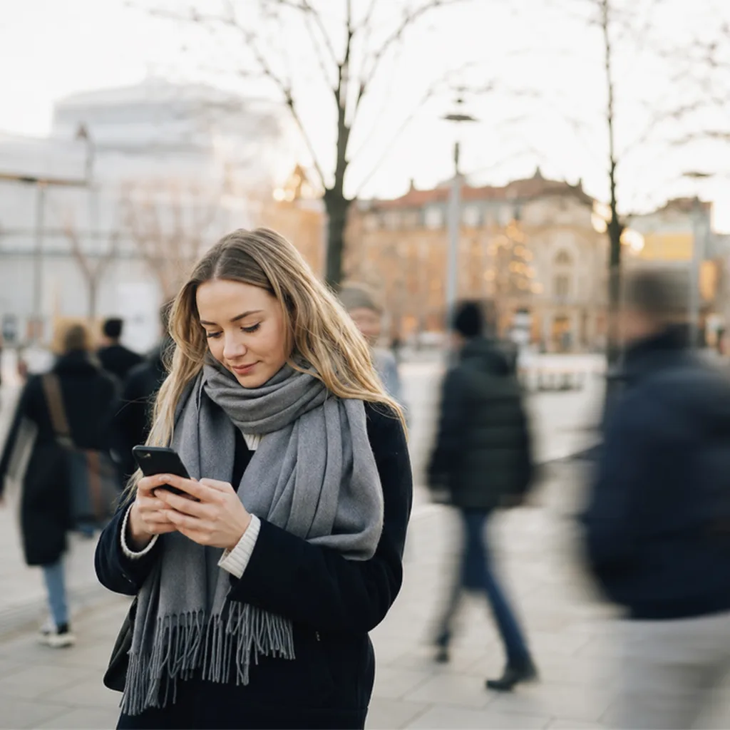 Person surfar i mobilen på väg genom en svensk stad med 5G-täckning